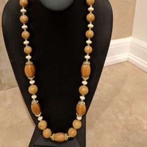 Vintage Long Multi Color Wood Tone Bead Necklace W/ Gold Tone Accents 31"